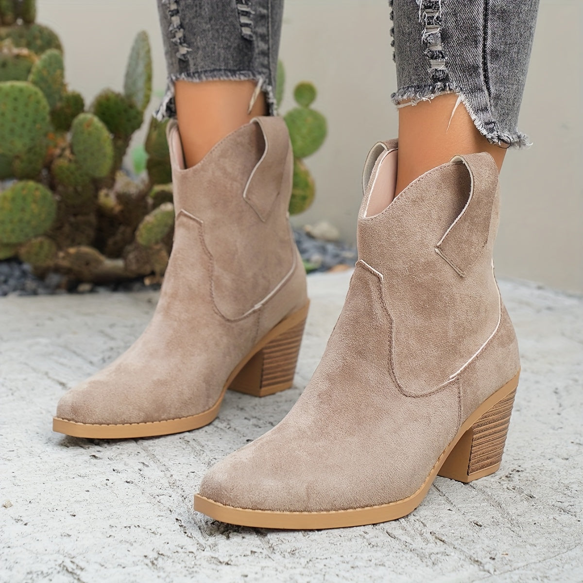 Santiags Femme – Western Talon Bloc Aspect Daim Bout Pointu, Talon Carré