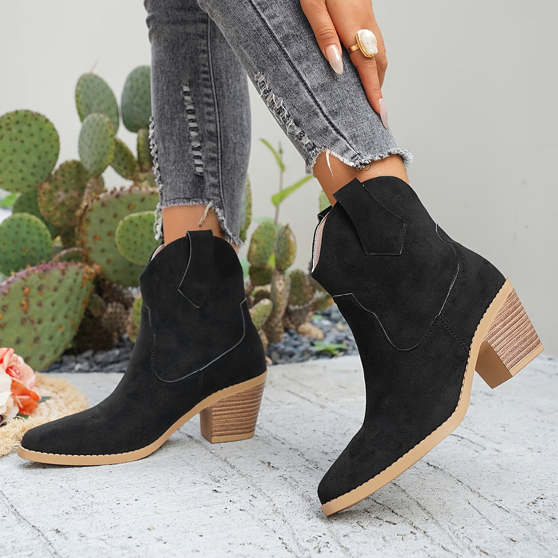 Santiags Femme – Western Talon Bloc Aspect Daim Bout Pointu, Talon Carré