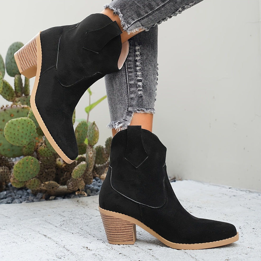 Santiags Femme – Western Talon Bloc Aspect Daim Bout Pointu, Talon Carré