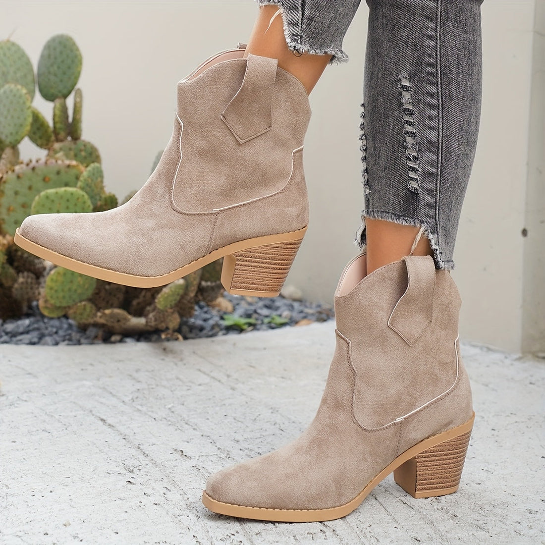 Santiags Femme – Western Talon Bloc Aspect Daim Bout Pointu, Talon Carré